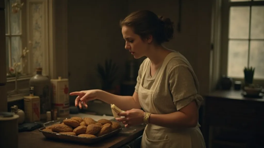 Woman baking bread pudding in a vintage kitchen