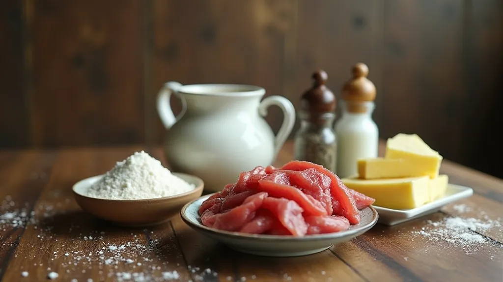 An assortment of ingredients for Creamed Chipped Beef: chipped beef, flour, milk, butter, salt, and pepper.