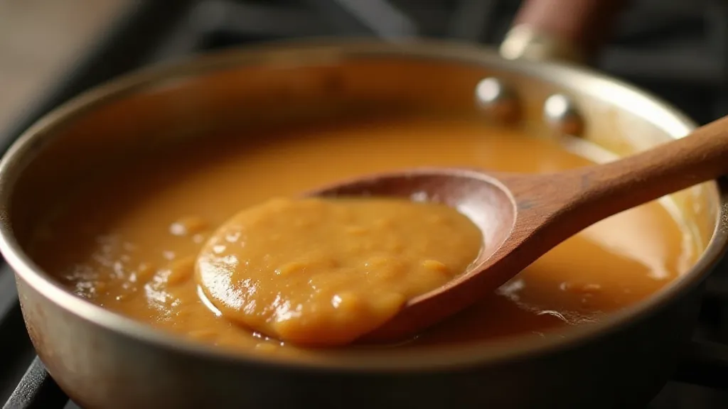 A close-up shot of creamy gravy being stirred in a saucepan.