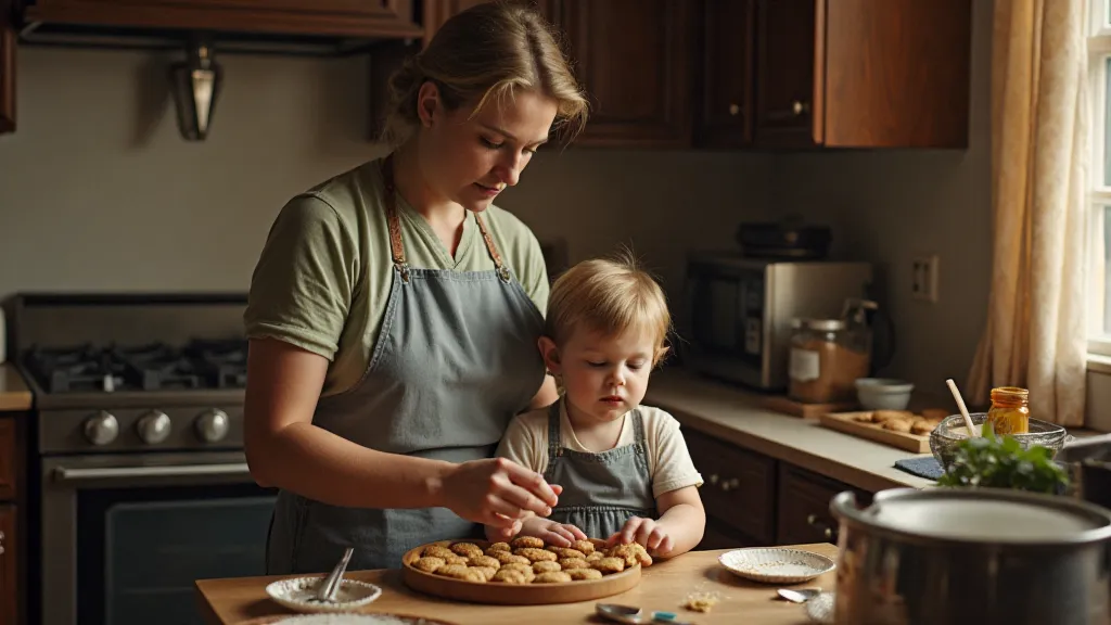 A woman and child baking cookies in a 1930s kitchen.