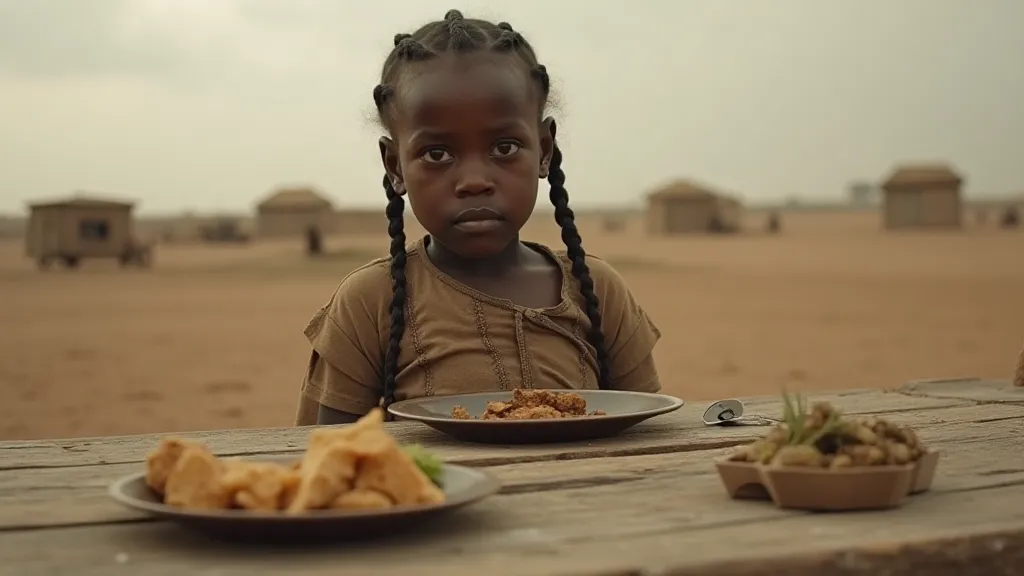 A young girl seated at a simple table during the Dust Bowl era.