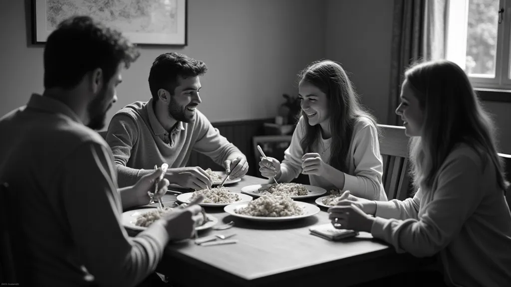 A family gathered around a table, enjoying a meal of macaroni and cheese. The scene conveys warmth and togetherness.