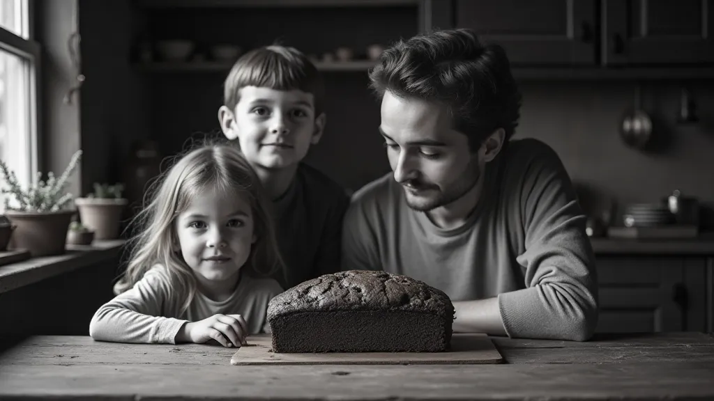 A family gathered around a table, a loaf of fruitcake as the centerpiece.
