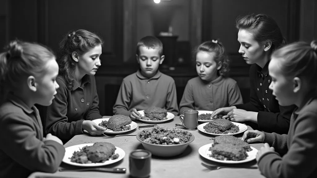 Depression-era family sharing a meatloaf meal.