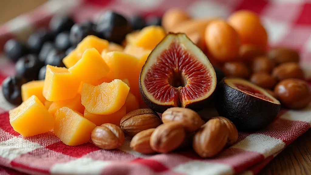 Assortment of dried fruits and nuts, piled on a vintage checkered tablecloth.