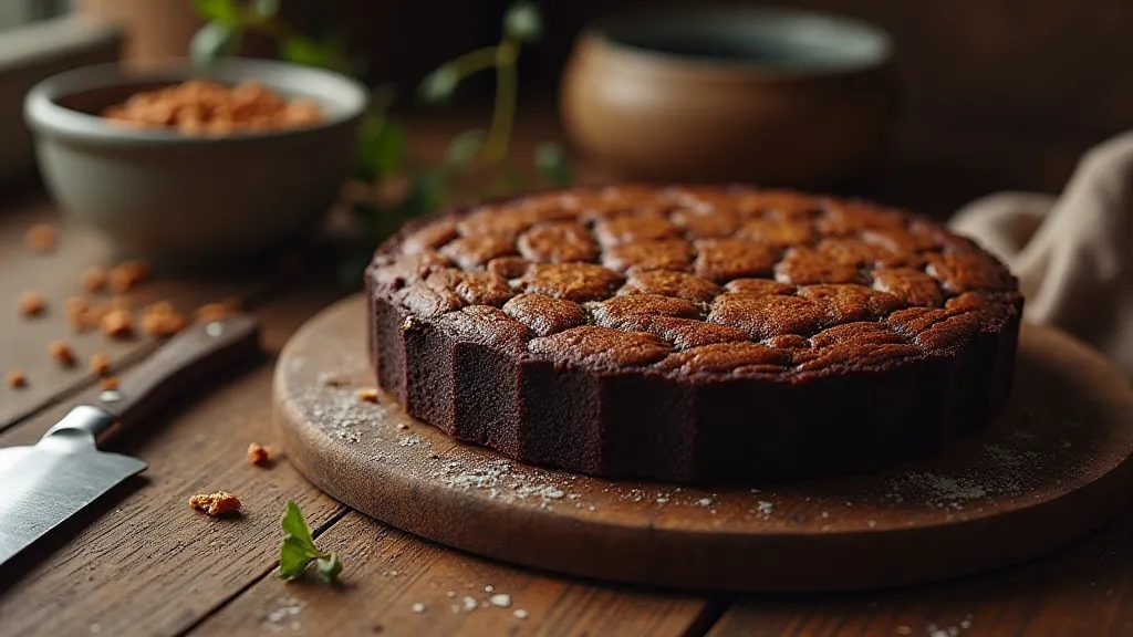 A rustic fruitcake displayed on a wooden table, reflecting the simplicity of Depression-era cooking.