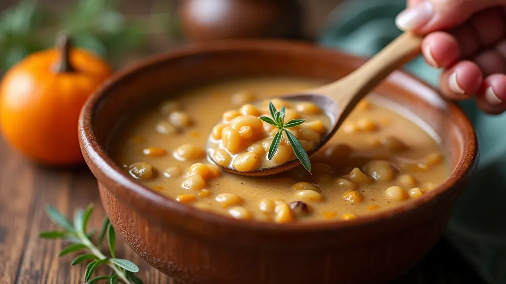 Hand stirring bean soup