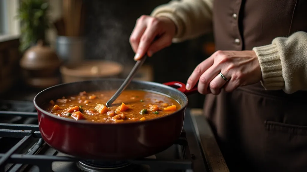 Elderly hands stirring a pot of stew