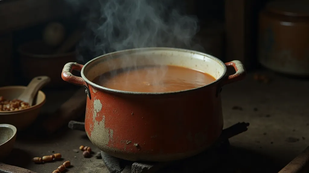 Enamel pot with simmering soup over a fire