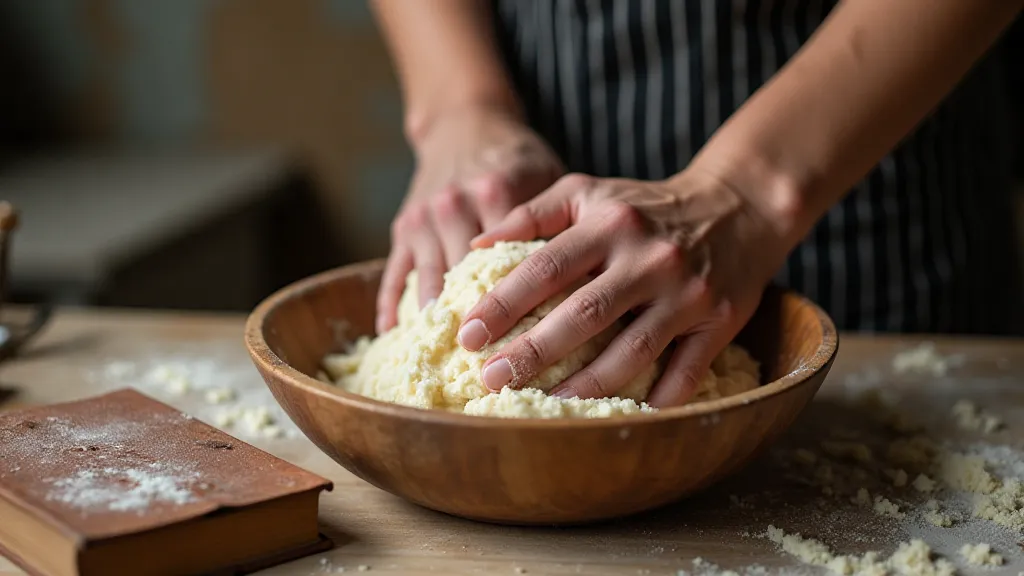 Hands kneading dough in a Depression-era kitchen