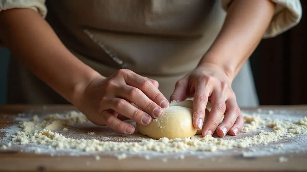 Woman kneading dough on a worn wooden table.