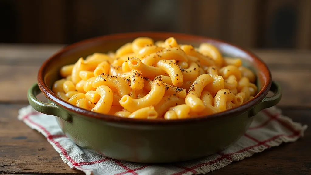A vintage casserole dish filled with macaroni and cheese, presented on a simple wooden table