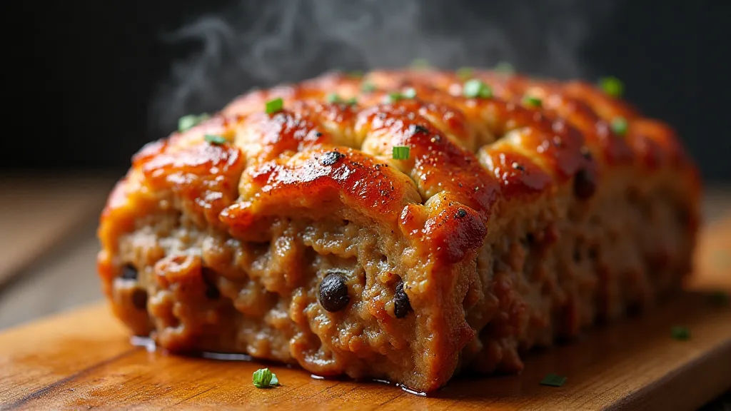 Golden brown, rustic meatloaf with steam.
