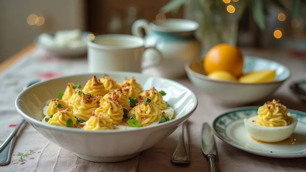 Modern table setting with deviled eggs and vintage tableware