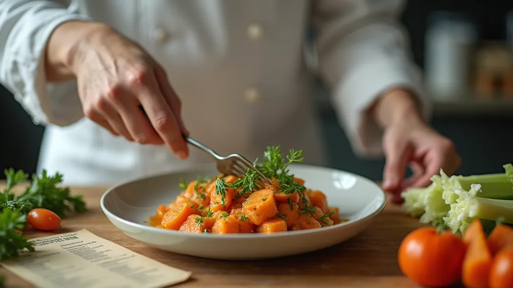 Modern chef preparing dish with vegetable scraps