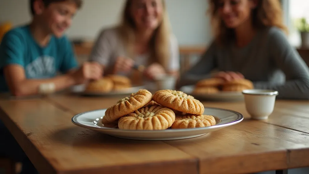 A family sharing a plate of peanut butter cookies.