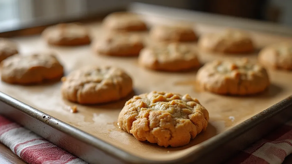 Freshly baked peanut butter cookies on a vintage baking sheet.