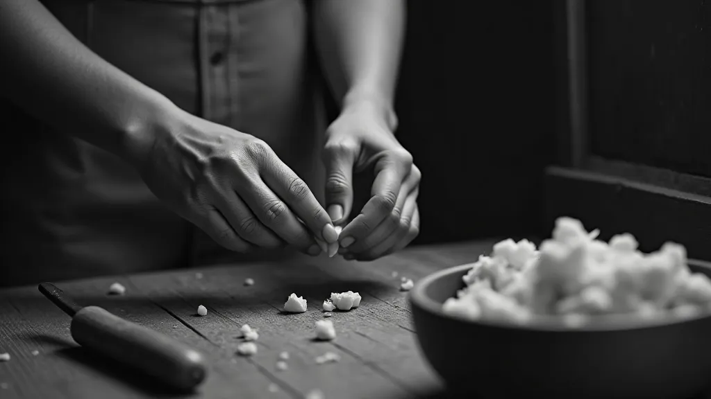 Woman peeling potatoes in 1930s kitchen
