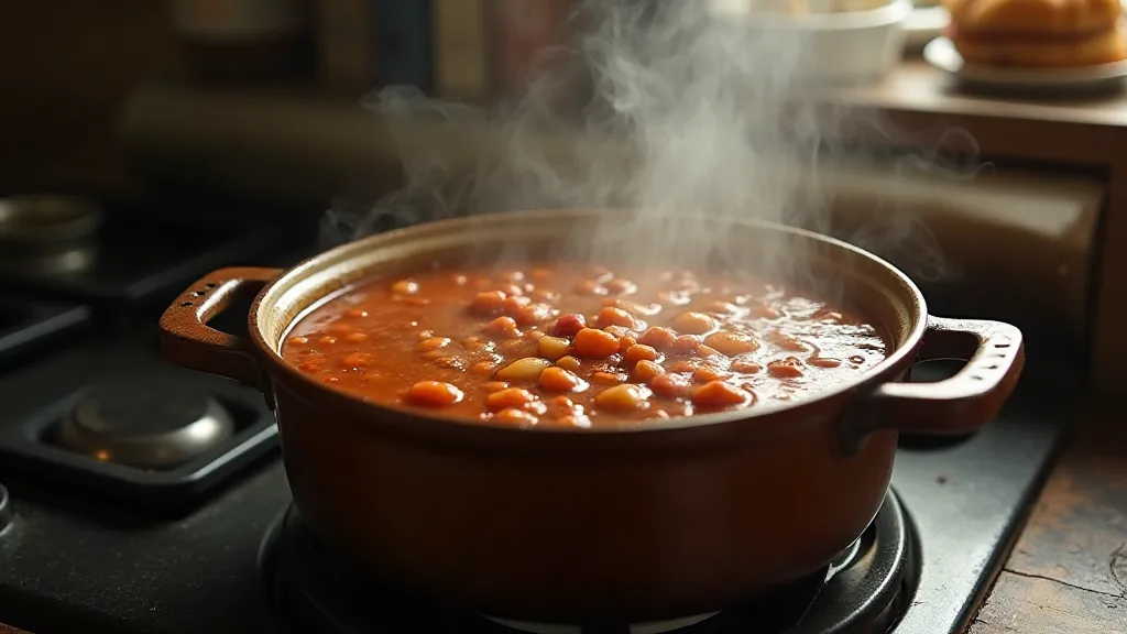 Pot of simmering bean soup