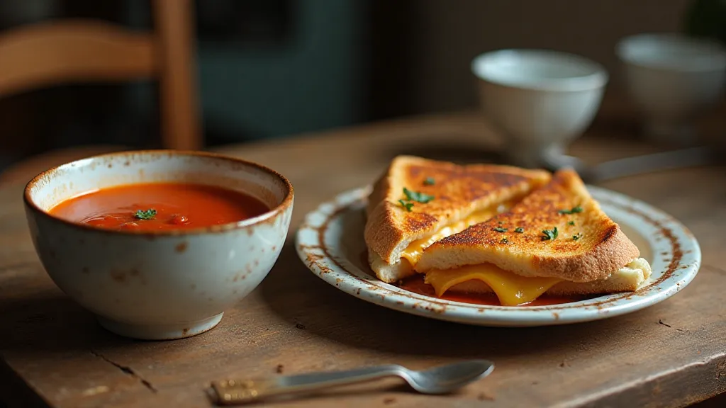 Simple meal of tomato soup and grilled cheese