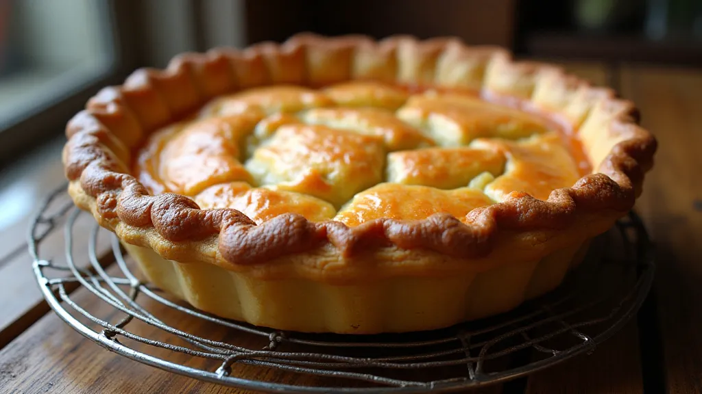 A freshly baked Water Pie, cooling on a vintage wire rack.