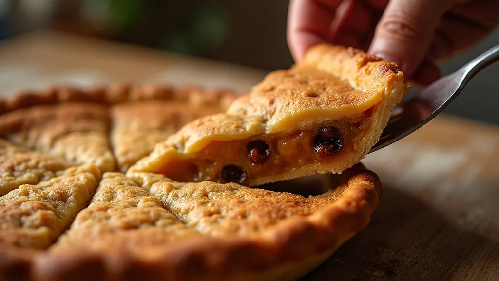 A slice of Water Pie being lifted from the whole pie, showing the filling.