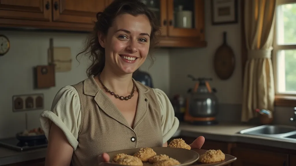 Woman holding plate of oatmeal cookies in 1930s kitchen