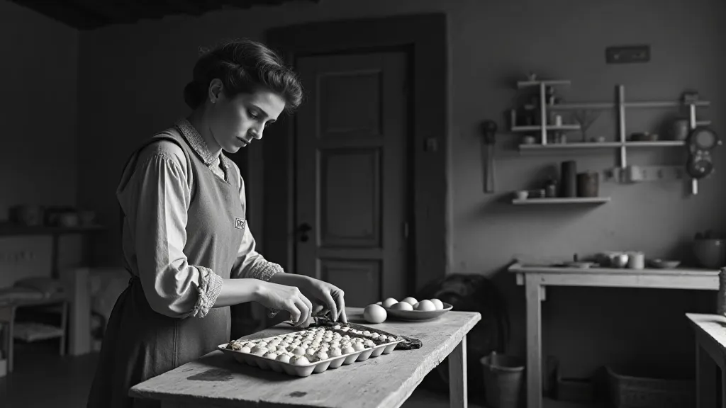 Woman preparing deviled eggs in a Depression-era kitchen